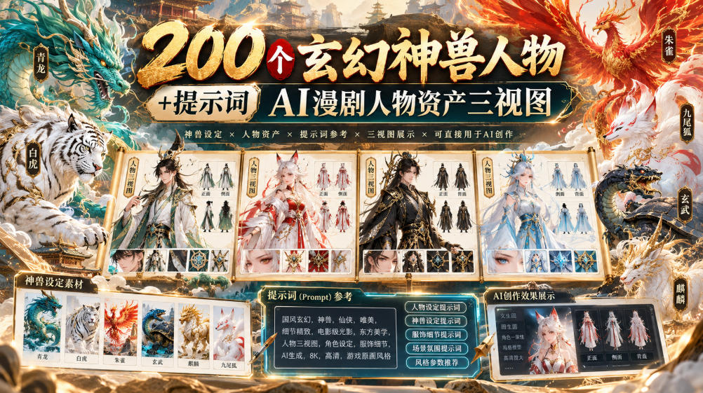 200个玄幻神兽人物+提示词ai漫剧人物资产三视图-梦清研习社