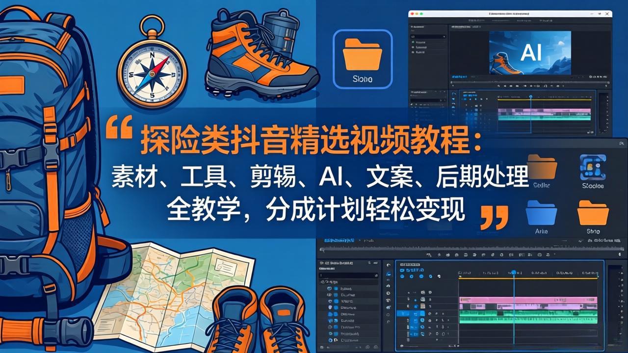 探险类抖音精选视频教程：素材、工具、剪辑、AI、文案、后期处理全教学，分成计划轻松变现-梦清研习社