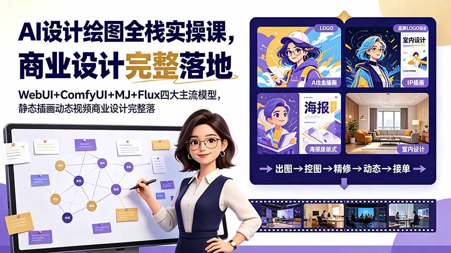 AI设计绘图全栈实操课,WebUI+ComfyUI+MJ+Flux四大主流模型,静态插画动态视频商业设计完整落地教程-梦清研习社