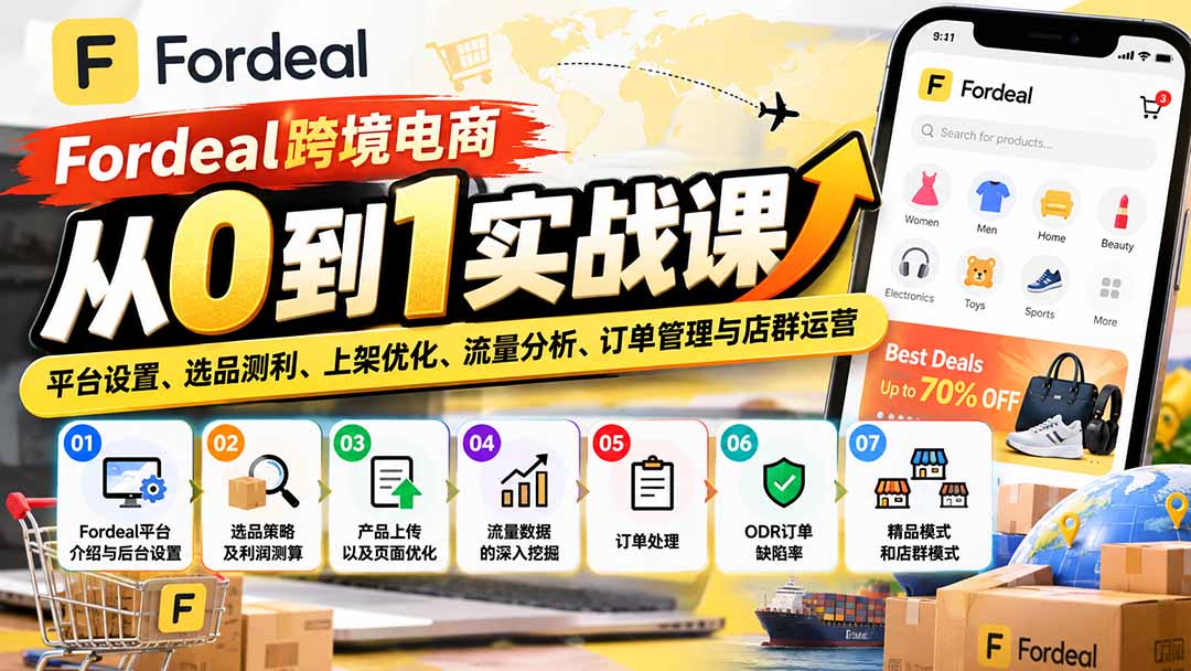 Fordeal跨境电商从0到1实战课：平台设置、选品测利、上架优化、流量分析、订单管理与店群运营-梦清研习社