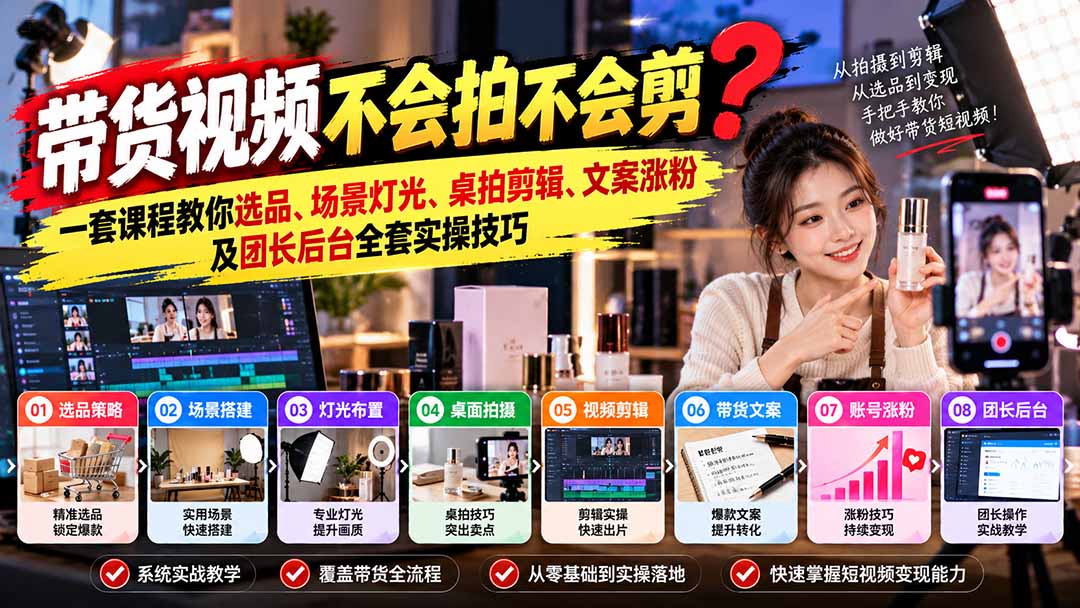 带货视频不会拍不会剪？一套课程教你选品、场景灯光、桌拍剪辑、文案涨粉及团长后台全套实操技巧  复制标题-梦清研习社