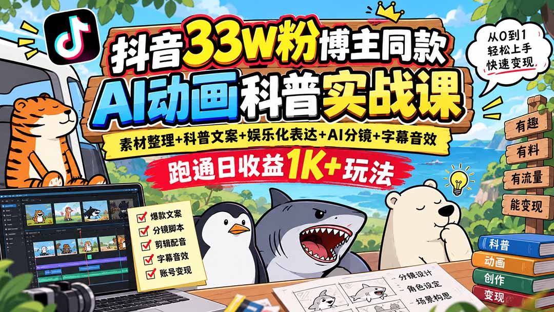 抖音33W粉博主同款AI动画科普实战课｜素材整理+科普文案+娱乐化表达+AI分镜+字幕音效，跑通日收益1K+玩法-梦清研习社