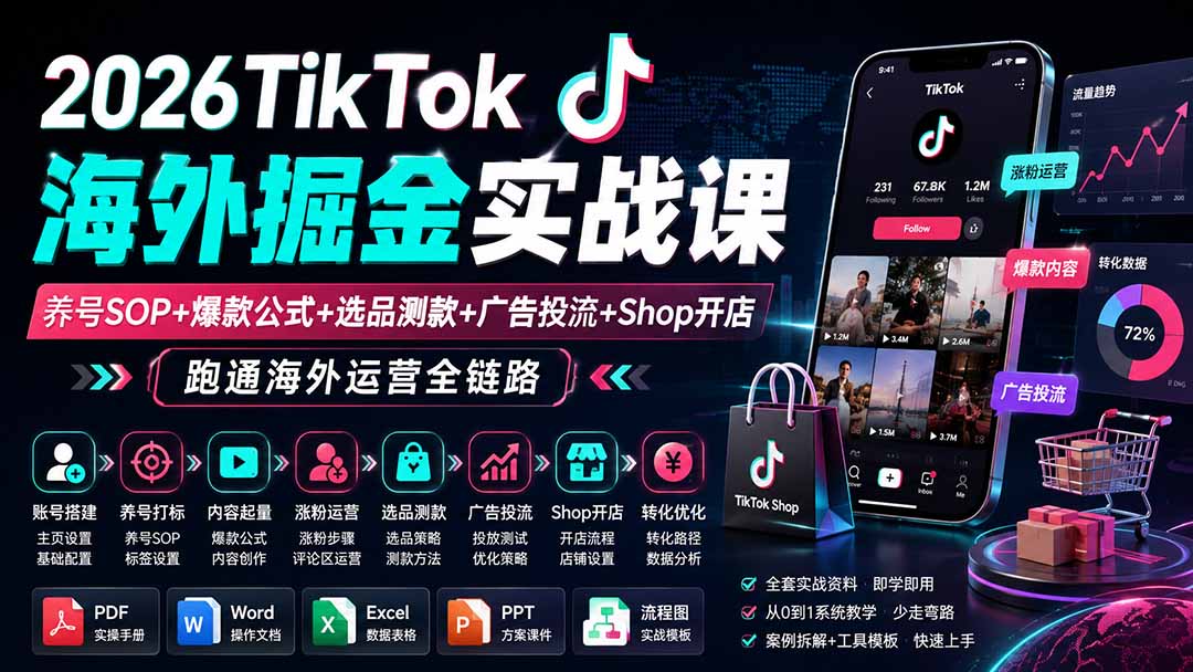 2026TikTok海外掘金实战课——养号SOP+爆款公式+选品测款+广告投流+Shop开店，跑通海外运营全链路-梦清研习社