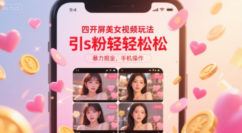 四开屏美女视频玩法，引s粉轻轻松松，暴力掘金，手机操作【揭秘】-梦清研习社