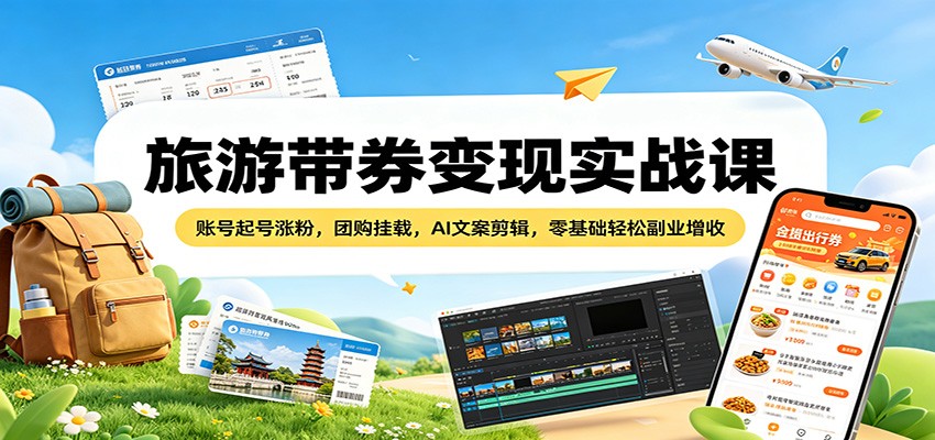旅游带券变现实战课：账号起号涨粉，团购挂载，AI文案剪辑，零基础轻松副业增收-梦清研习社