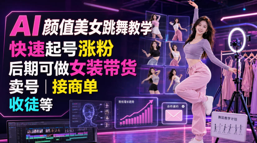 AI颜值美女跳舞教学，快速起号涨粉，后期可做女装带货，卖号，接商单，收徒等-梦清研习社