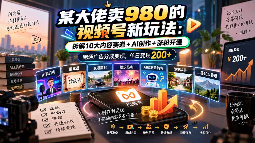 某大佬卖980的视频号新玩法：拆解10大内容赛道+AI创作+涨粉开通，跑通广告分成变现，单日变现200+-梦清研习社