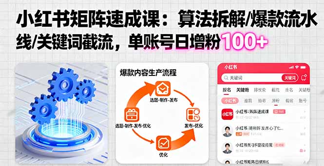 小红书矩阵起号速成课:算法拆解/爆款流水线/关键词截流 单账号日增粉100+-梦清研习社
