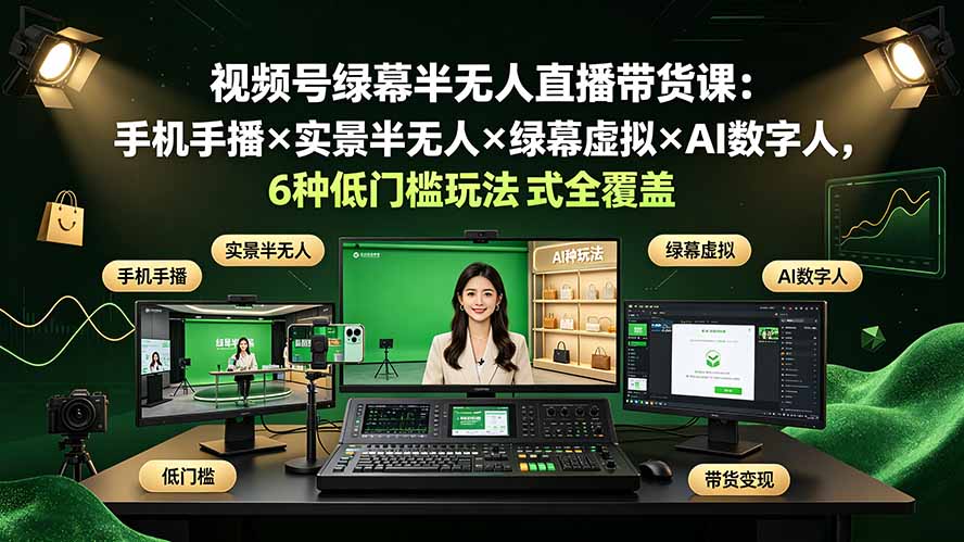 视频号绿幕半无人直播带货课：手机手播×实景半无人×绿幕虚拟×AI数字人，6种低门槛玩法全覆盖-梦清研习社