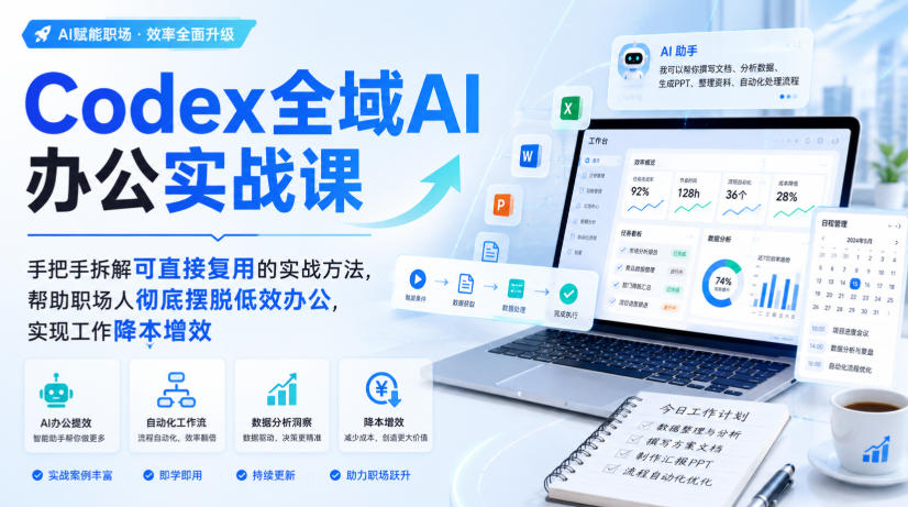 Codex全域AI办公实战课，手把手拆解可直接复用的实战方法，帮助职场人彻底摆脱低效办公，实现工作降本增效-梦清研习社