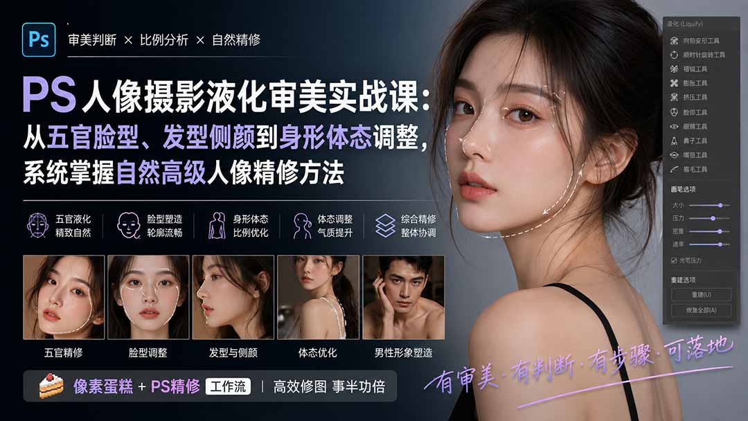 PS人像摄影液化审美实战课：从五官脸型、发型侧颜到身形体态调整，系统掌握自然高级人像精修方法-梦清研习社