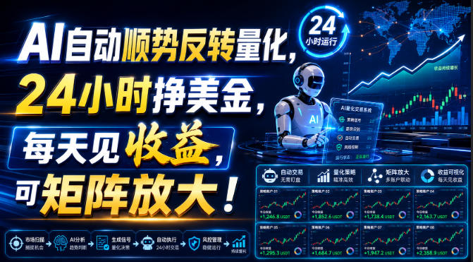 AI自动顺势反转量化，24小时挣美金，每天见收益，可矩阵放大！【揭秘】-梦清研习社