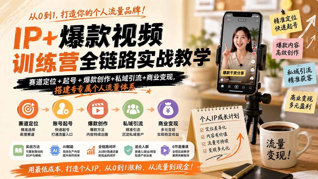 IP+爆款视频训练营全链路实战教学；赛道定位+起号+爆款创作+私域引流+商业变现，搭建专属个人流量体系-梦清研习社
