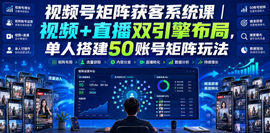 视频号矩阵获客系统课｜视频+直播双引擎布局，单人搭建50账号矩阵玩法，流量入池、搜索占位、全域引流沉淀私域全流程教学-梦清研习社