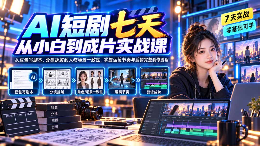 AI短剧七天从小白到成片实战课：从豆包写剧本、分镜拆解到人物场景一致性，掌握运镜节奏与剪辑完整制作流程-梦清研习社