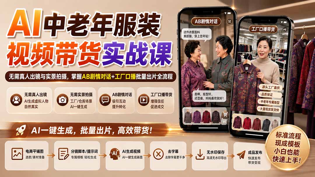 AI中老年服装视频带货实战课：无需真人出镜与实景拍摄，掌握AB剧情对话+工厂口播批量出片全流程-梦清研习社