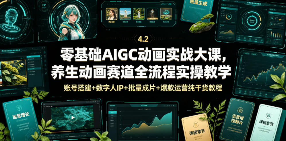 零基础AIGC动画实战大课，养生动画赛道全流程实操教学，账号搭建+数字人IP+批量成片+爆款运营纯干货教程-梦清研习社