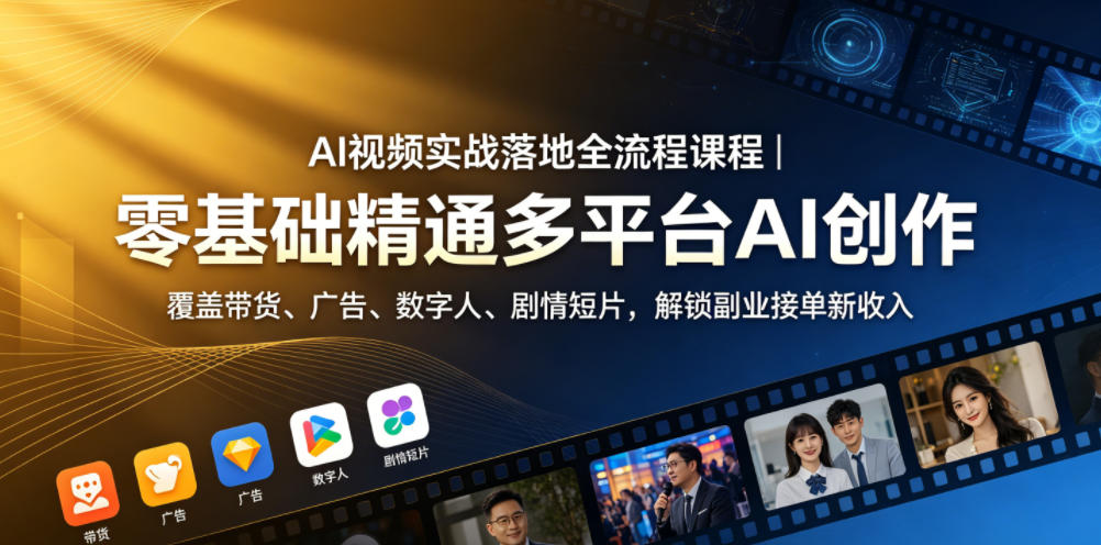 AI视频实战落地全流程课程｜零基础精通多平台AI创作，覆盖带货、广告、数字人、剧情短片，解锁副业接单新收入-梦清研习社