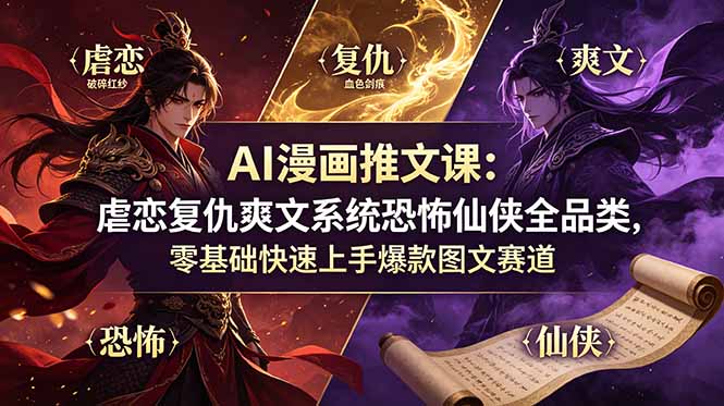 AI漫画推文课：虐恋复仇爽文系统恐怖仙侠全品类，零基础快速上手爆款图文赛道-梦清研习社