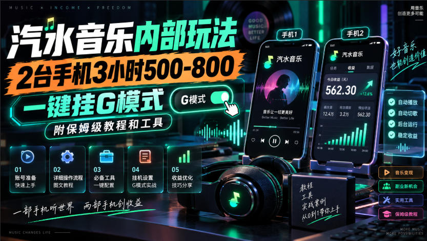 汽水音乐内部玩法，2台手机3小时500-800，一键挂G模式，附保姆级教程和工具【揭秘】-梦清研习社