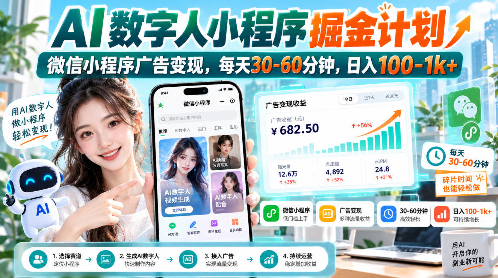【无水印】AI数字人小程序掘金计划，微信小程序广告变现，每天30‑60分钟，日入100‑1k+-梦清研习社