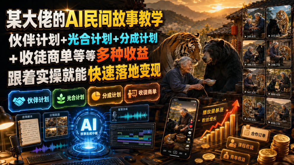 某大佬的AI民间故事教学，伙伴计划+光合计划+分成计划+收徒商单等多种收益，跟着实操就能快速落地变现-梦清研习社