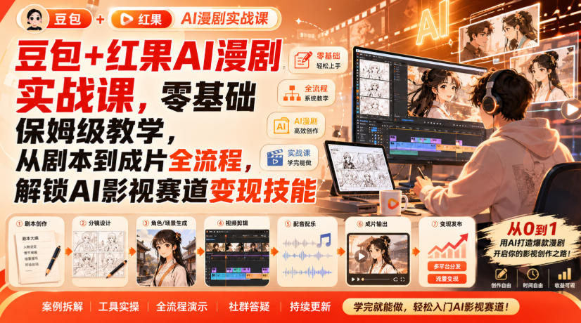 豆包+红果AI漫剧实战课，零基础保姆级教学，从剧本到成片全流程，解锁AI影视赛道变现技能-梦清研习社