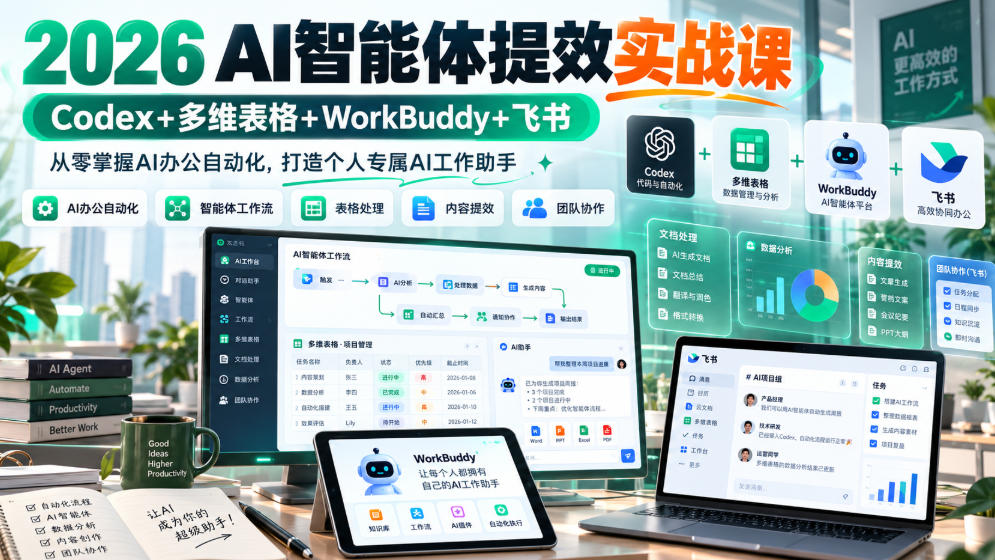 2026 AI智能体提效实战课：Codex+多维表格+WorkBuddy+飞书，从零掌握AI办公自动化，打造个人专属AI工作助手-梦清研习社
