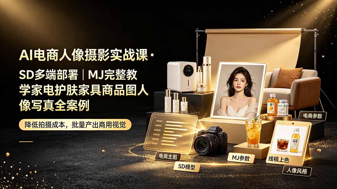 AI电商人像摄影实战课·SD多端部署｜MJ完整教学｜家电护肤家具商品图人像写真全案例-梦清研习社
