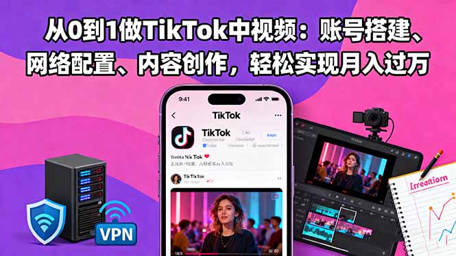 从0到1做TikTok中视频：账号搭建、网络配置、内容创作，轻松实现月入过万-梦清研习社