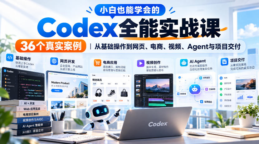 小白也能学会的Codex全能实战课|36个真实案例,从基础操作到网页、电商、视频、Agent与项目交付-梦清研习社