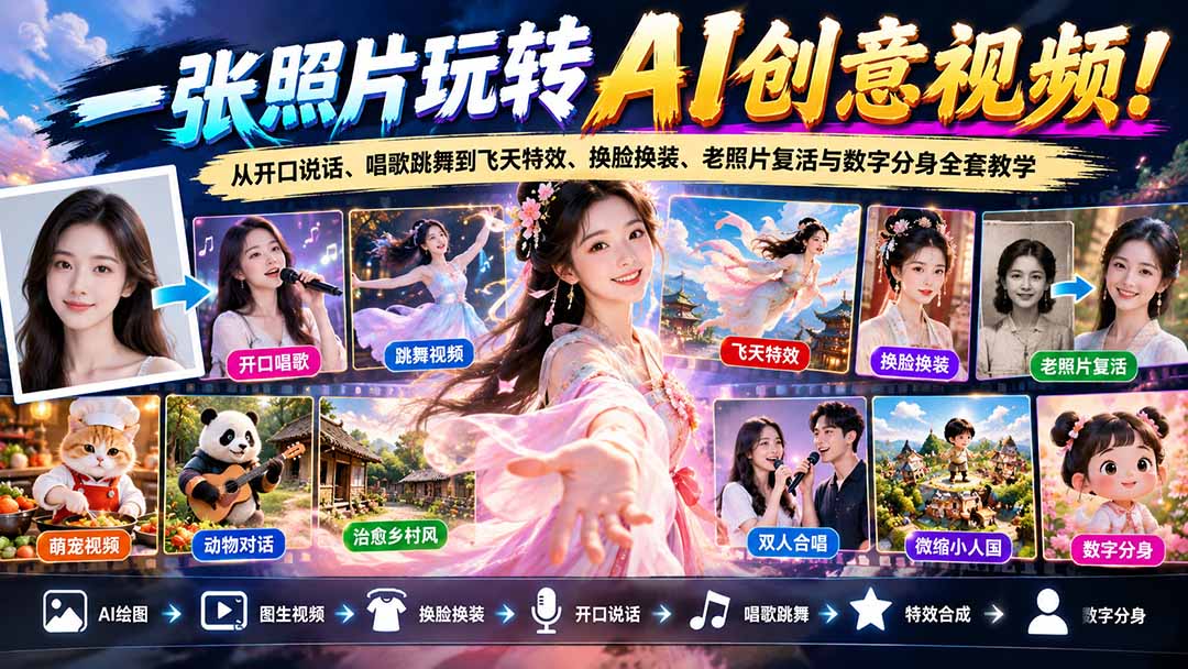 一张照片玩转AI创意视频!从开口说话、唱歌跳舞到飞天特效、换脸换装、老照片复活与数字分身全套教学-梦清研习社