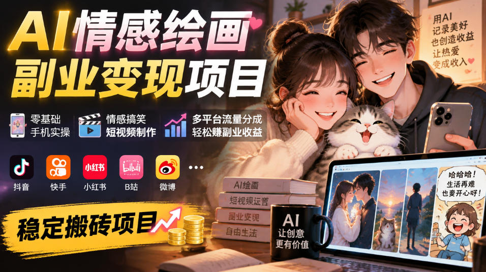 AI情感绘画副业变现项目｜零基础手机实操，情感搞笑短视频制作，多平台流量分成轻松賺副业收益-梦清研习社