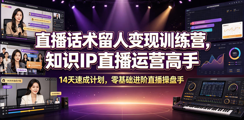 直播话术留人变现训练营，知识IP直播运营高手，14天速成计划，零基础进阶直播操盘手-梦清研习社