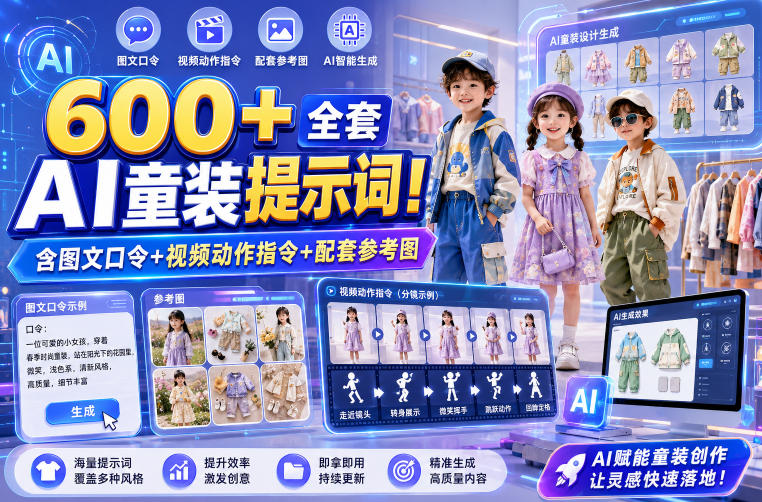 600+全套AI童装提示词!含图文口令+视频动作指令+配套参考图,Word-Excel规整分类,童装电商、种草无脑量产内容!-梦清研习社