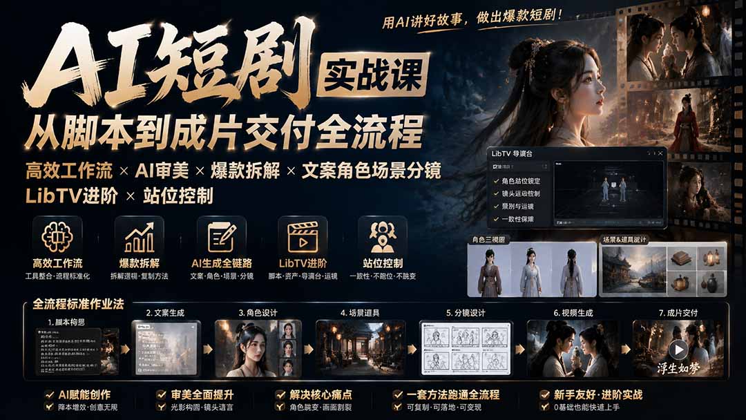 AI短剧实战课:高效工作流×AI审美×爆款拆解×文案角色场景分镜×LibTV进阶×站位控制×从脚本到成片交付全流程-梦清研习社