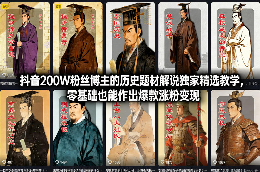 抖音200W粉丝博主的历史题材解说独家精选教学，零基础也能作出爆款涨粉变现-梦清研习社