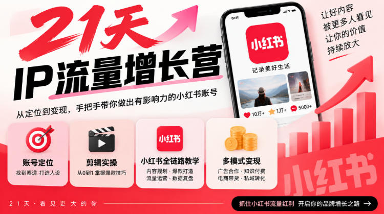 21天IP流量增长营，小红书全链路教学，账号定位剪辑实操，多模式变现系统课-梦清研习社