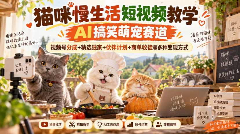 猫咪慢生活短视频教学，AI搞笑萌宠赛道，视频号分成+精选独家+伙伴计划+商单收徒等多种变现方式-梦清研习社
