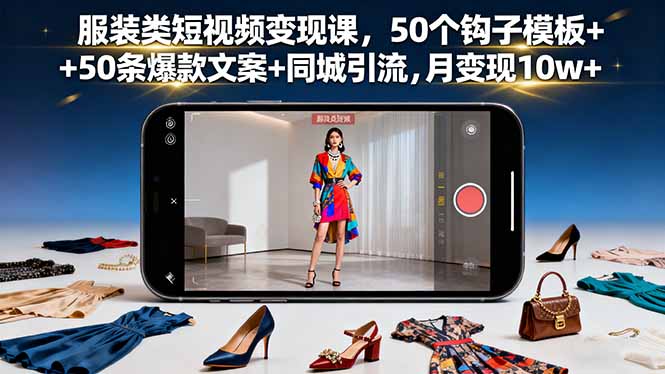 服装类短视频变现课,50个钩子模板+50条爆款文案+同城引流,月变现10w+-梦清研习社