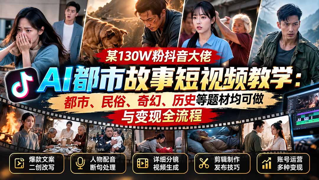某130W粉抖音大佬AI都市故事短视频教学：都市、民俗、奇幻、历史等题材均可做与变现全流程-梦清研习社