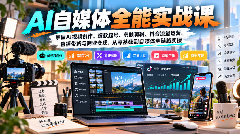 【无水印】AI自媒体全能实战课，掌握AI视频创作、爆款起号、剪映剪辑、抖音流量运营、直播带货与商业变现，从零基础到自媒体全链路实操-梦清研习社