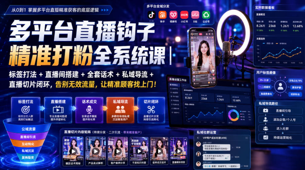 多平台直播钩子精准打粉全系统课|标签打法+直播间搭建+全套话术+私域导流+直播切片闭环,告别无效流量,让精准顾客找上门!-梦清研习社