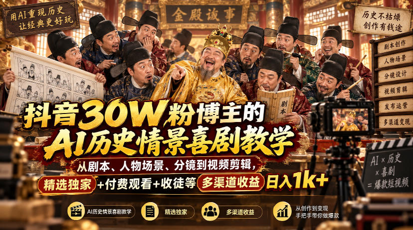 抖音30W粉博主的AI历史情景喜剧教学,从剧本、人物场景、分镜到视频剪辑,精选独家+付费观看+收徒等多渠道收益日入1k+-梦清研习社