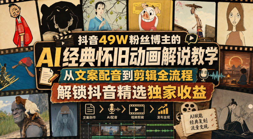 抖音49W粉丝博主的AI经典怀旧动画解说教学，从文案配音到剪辑全流程，解锁抖音精选独家收益-梦清研习社