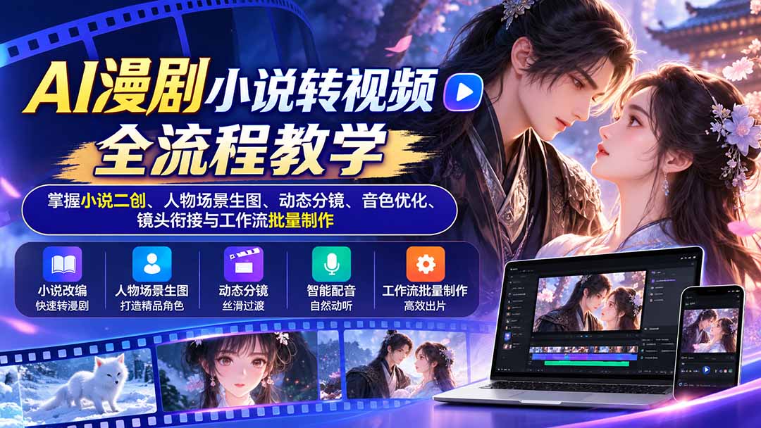AI漫剧小说转视频全流程教学：掌握小说二创、人物场景生图、动态分镜、音色优化、镜头衔接与工作流批量制作-梦清研习社