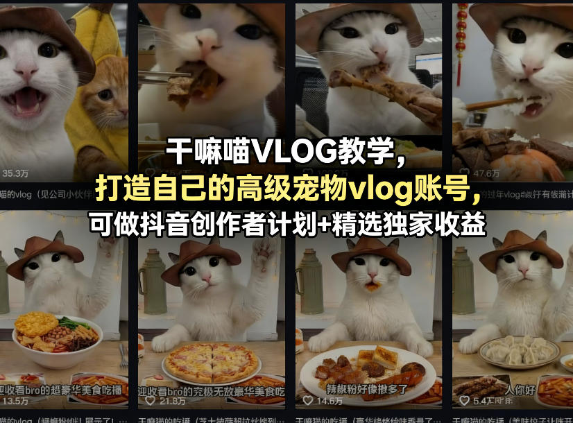 干嘛喵VLOG教学，打造自己的高级宠物vlog账号，可做抖音创作者计划+精选独家收益-梦清研习社