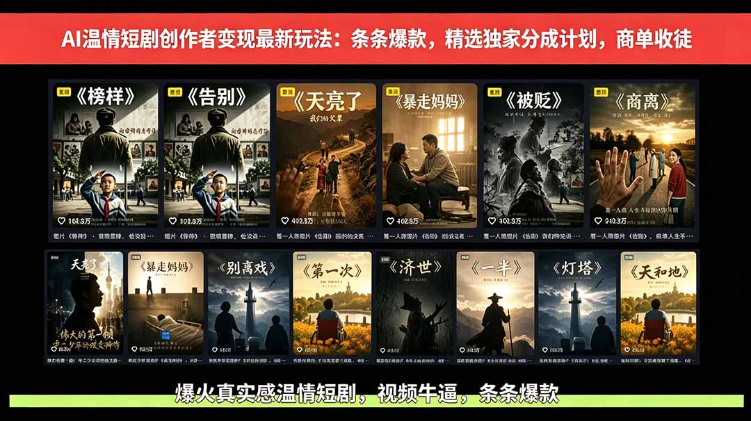 AI温情短剧创作者变现最新玩法：视频牛逼，条条爆款，精选独家分成计划，商单收徒-梦清研习社