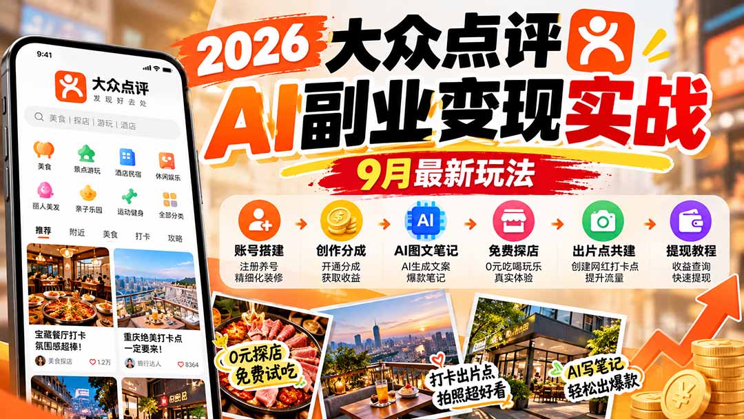 2026大众点评AI副业变现实战9月最新玩法:账号搭建+创作分成+AI图文笔记+免费探店+出片点共建与提现教程-梦清研习社