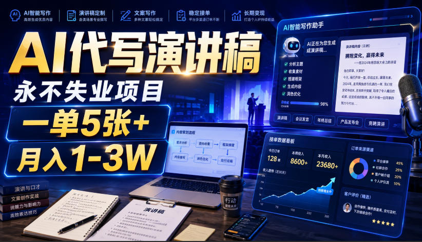 AI代写演讲稿，永不失业项目，一单5张+，月入1-3W【揭秘】-梦清研习社